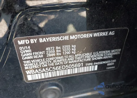 2014 BMW 528I из США, поврежденный, VIN WBA5A5C56ED505691